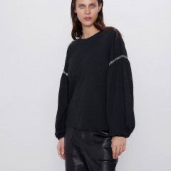 🌷 Zara Jewel Detail Black Balloon Long Sleeve Top Size S - Picture 10 of 11